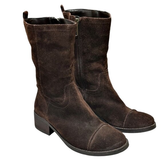 Jessica Simpson Chocolate Brown Suede Leather Boots Quinn Size 6B Mid Calf Zip - Picture 1 of 12